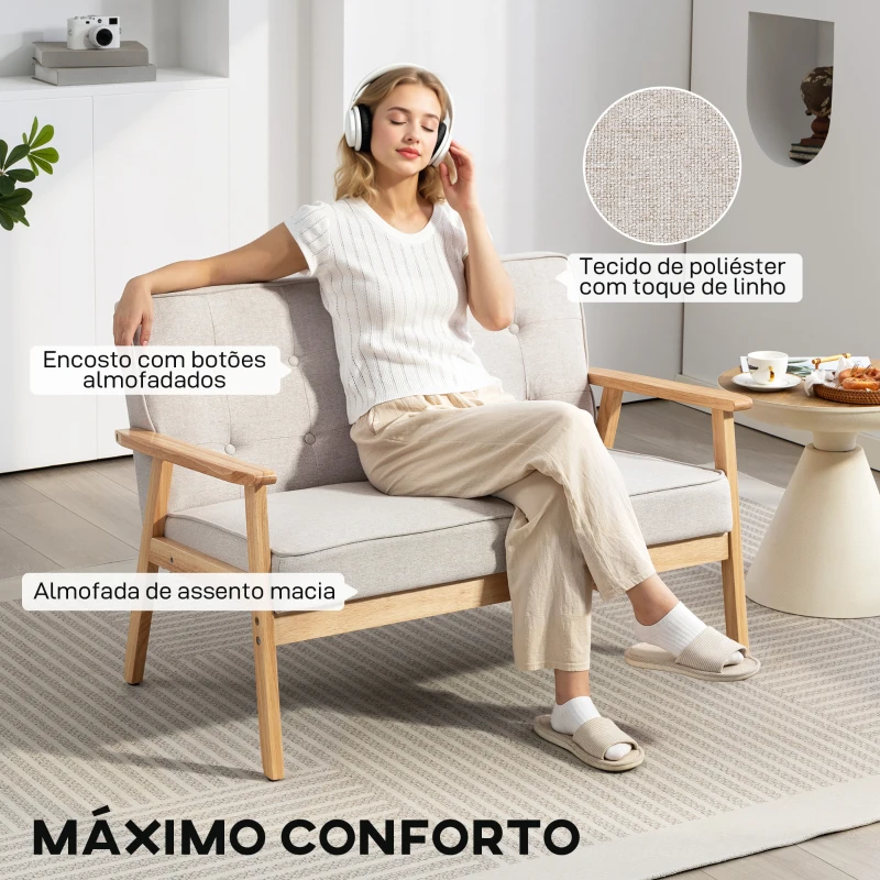 HOMCOM Sofá de 2 Lugares com Encosto e Almofadas Acolchoados Pés de Madeira Antiderrapantes 113x67x78 cm Bege