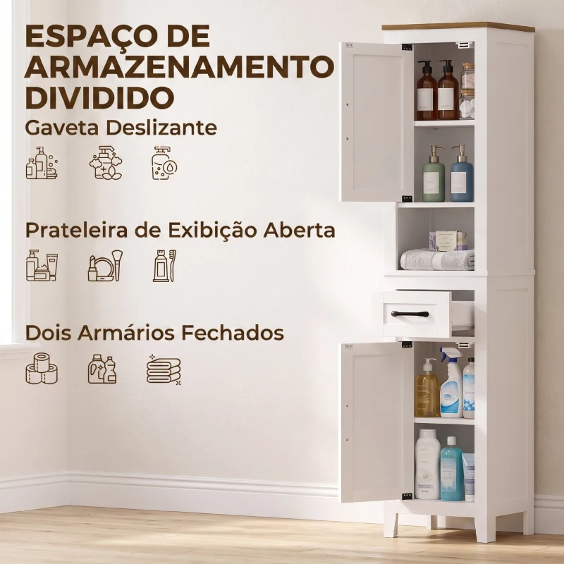 HOMCOM Armário Alto e Estreito Rústico para Casa de Banho com Gaveta, Prateleira Aberta, Portas e Prateleiras Ajustáveis 34,5x30x148 cm Branco