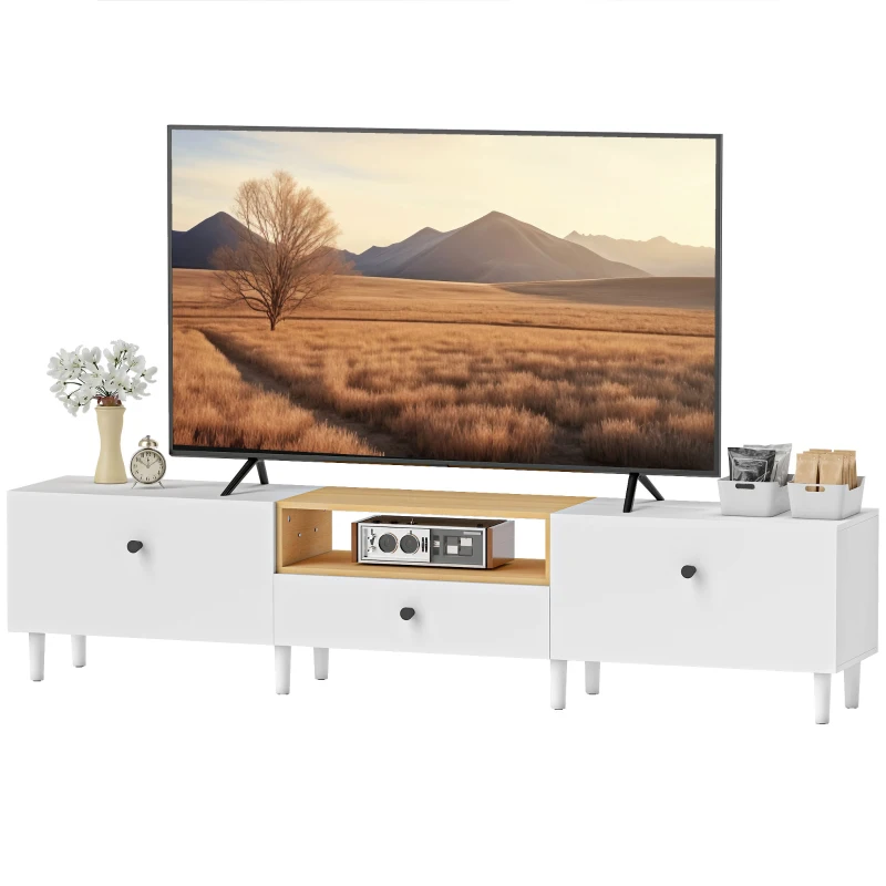 HOMCOM Meuble TV, meuble télé pour téléviseur jusqu'à 90 pouces avec 2 portes rabattables, tiroir, 200 x 35 x 45 cm, blanc