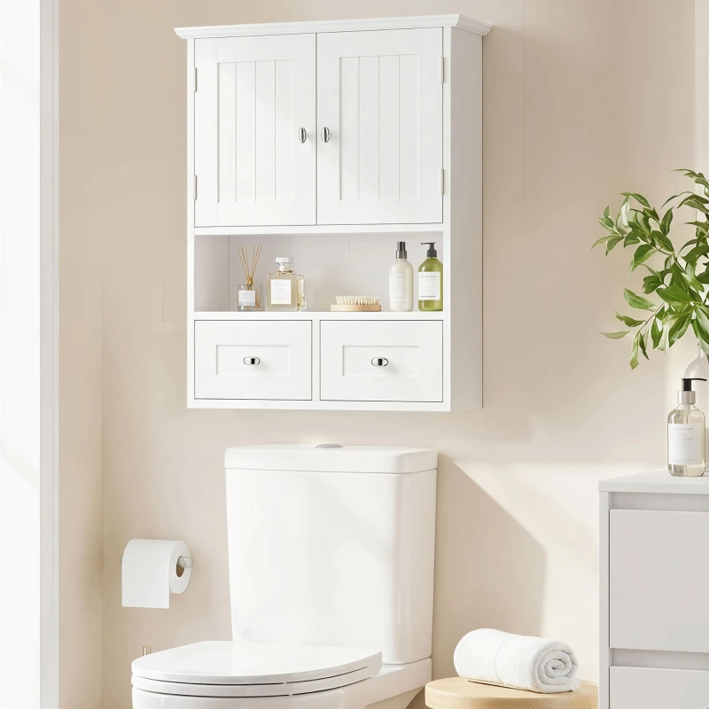 kleankin Armário de Parede para Casa de Banho com 2 Portas Prateleira Aberta e 2 Gavetas Estilo Moderno 50,8x17,8x66 cm Branco