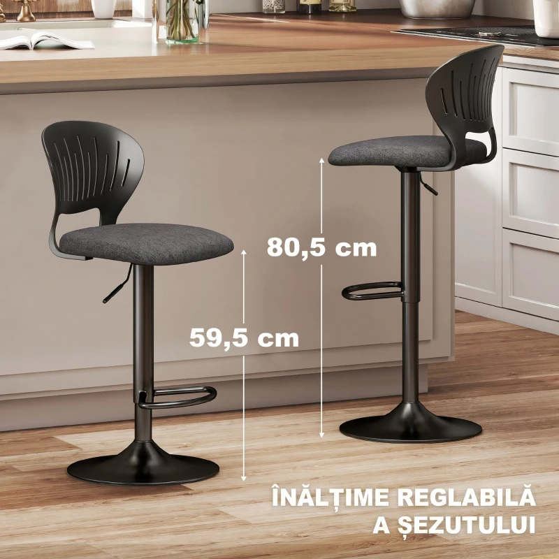 HOMCOM Set 2 Scaune de Bar Reglabile, Scaune de Bucătărie Înalte din Material Textil cu Efect de In cu Spătar, Suport pentru Picioare și Șezut Moale, Cadru Metalic, Scaune Rotative la 360°, Negru
