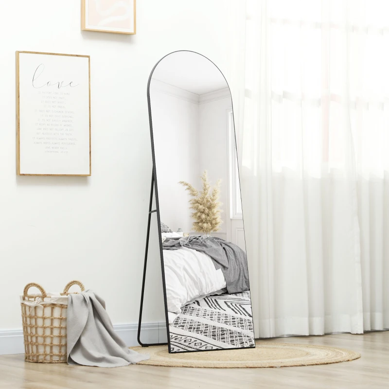 HOMCOM Espejo de Pie Cuerpo Entero Arqueado 150x50 cm Independiente Apoyado y de Pared Sin Marco Negro