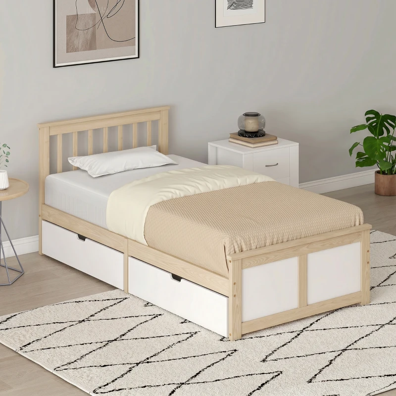 HOMCOM Pine Storage Bed, 3ft Single Solid Wooden Bed Frame with Drawers, Headboard, Wood Slat Support, Natural Wood Finish