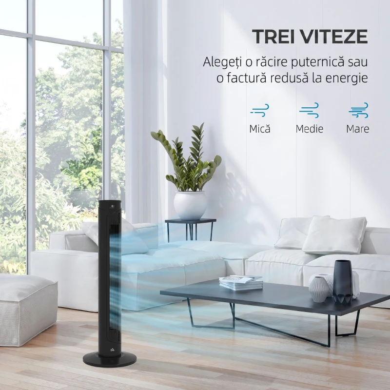 HOMCOM Ventilator turn 45W cu 4 moduri și 3 viteze, timer de 12h, din ABS, Ø31.5x93 cm, negru