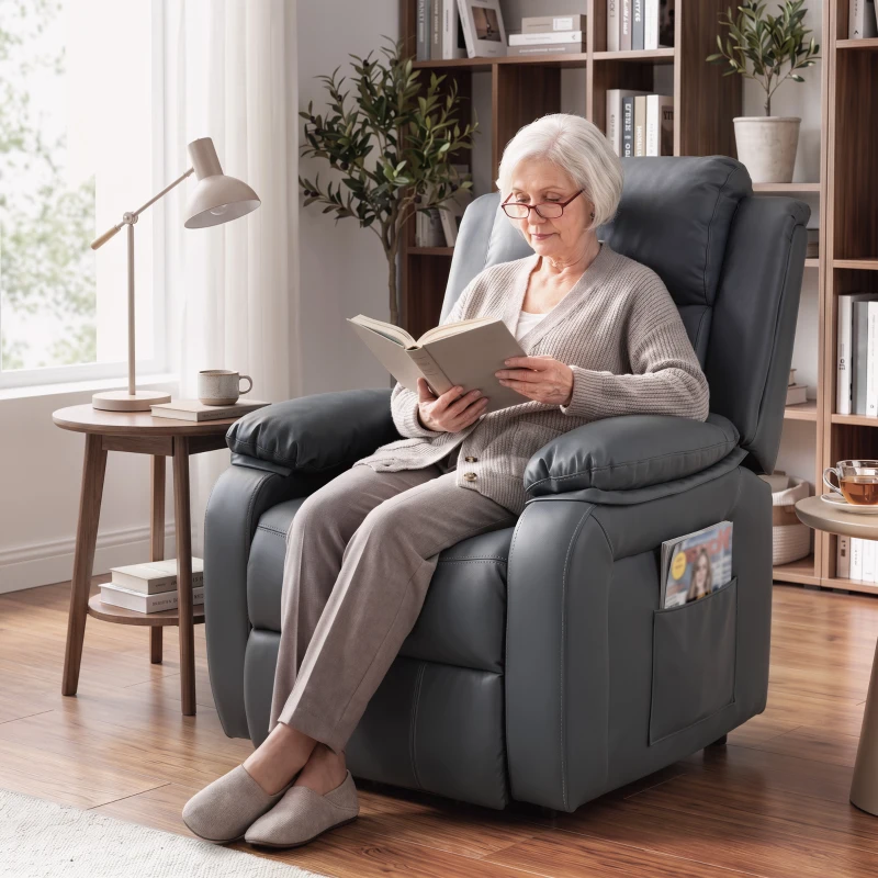 HOMCOM Riser and Recliner Chair with Vibration Massage, PU Leather Power Lift Chair for Elderly, Dark Grey