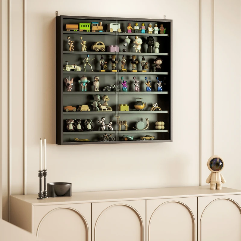 HOMCOM Six Shelf Display Cabinet, with Glass Doors - Black