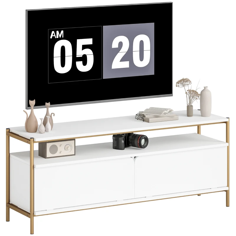 HOMCOM Meuble TV meuble télé pour téléviseur jusqu'à 55 pouces avec 2 portes rabattables et étagère ouverte, 124x35x50cm, blanc