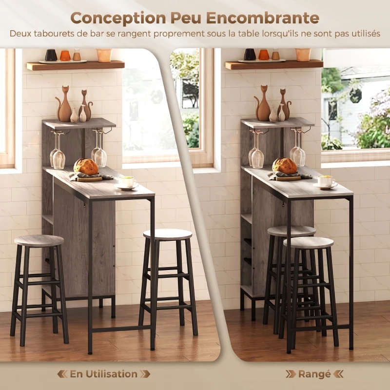 HOMCOM Ensemble table de bar avec tabourets, table à manger debout avec 2 chaises de bar étagères, casiers à vin, gris