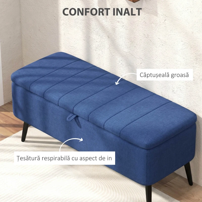 HOMCOM Pouf de 102 cm cu Spațiu de Depozitare, Material Textil cu Efect de In, Bancă pentru Dormitor și Living, Picioare din Oțel, Albastru Închis