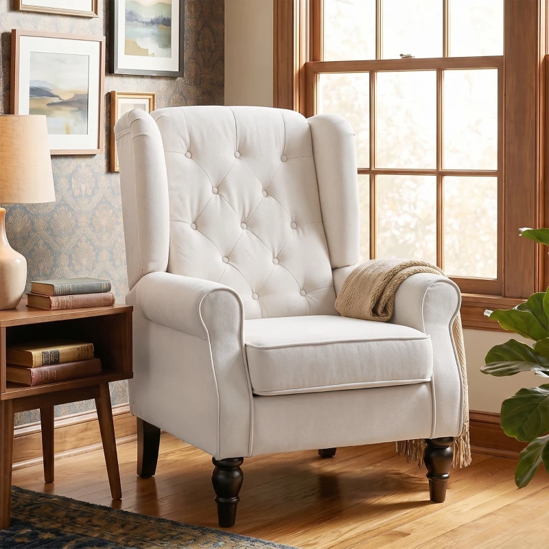 HOMCOM Fauteuil de Salon, Fauteuil d'Appoint Mi-Siècle Moderne en Flanelle Neige avec Haut Dossier Capitonné à Oreilles, Crème(m-8)