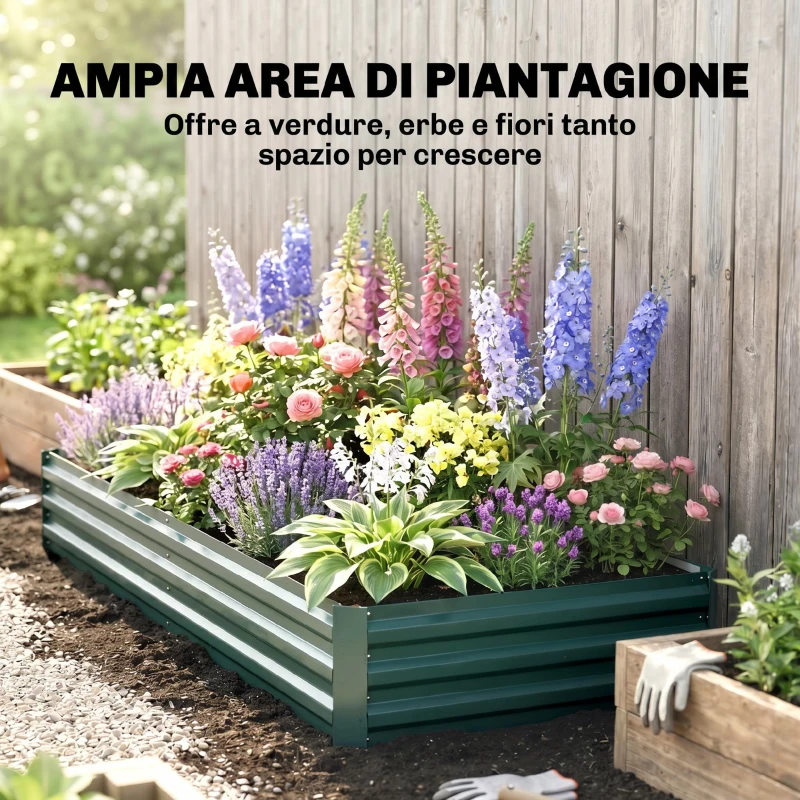 Outsunny Letto per Orto Rialzato in Metallo da Esterno, Portapiante per Fiori ed Erbe, 241x90,5x30cm