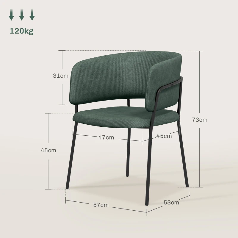 HOMCOM Set 2 Sedie per Cucina Imbottite, in Tessuto Effetto Velluto e Acciaio, 57x53x73 cm, Verde