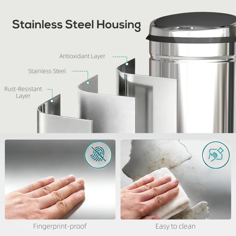 HOMCOM 50L Stainless Steel Sensor Bin - Silver Tone