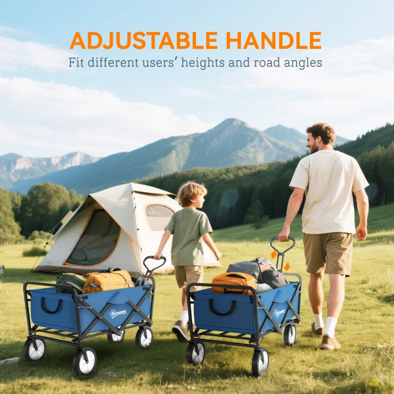 Outsunny 135L Festival Trolley on Wheels, Folding Wagon Camping Trolley Cart with Adjustable Handle, Dual Brakes, Portable Wagon Cart for Outdoor, Garden, Shopping, Fishing, Navy Blue