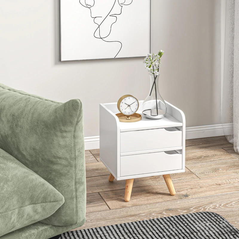 HOMCOM Comodino da Camera da Letto Salvaspazio, Moderno Comodino con 2 Cassetti, Design Semplice, Legno Bianco, Piedini in Legno di Pino, 33 x 28 x 42cm, Bianco