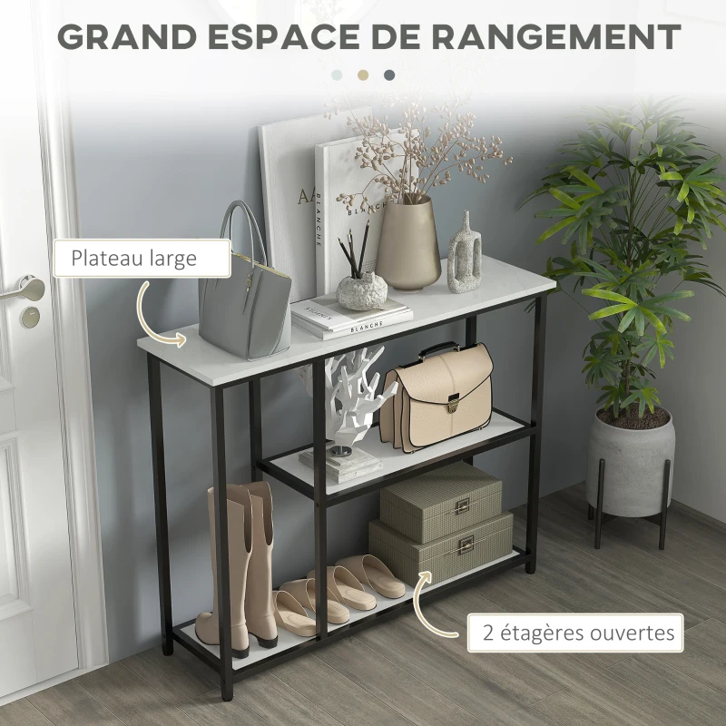 HOMCOM Console meuble 100 cm, table console 3 niveaux, plateaux en effet marbre, cadre en acier, blanc