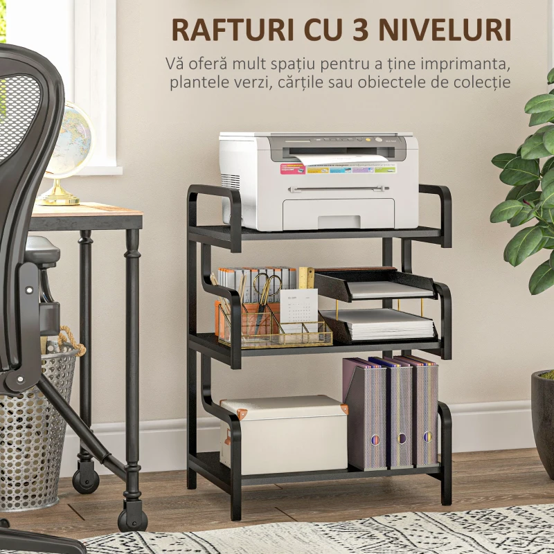 HOMCOM, Raft pentru Imprimantă, cu 3 Niveluri, PAL, Oțel, 55cm x 40cm x 77cm, Negru