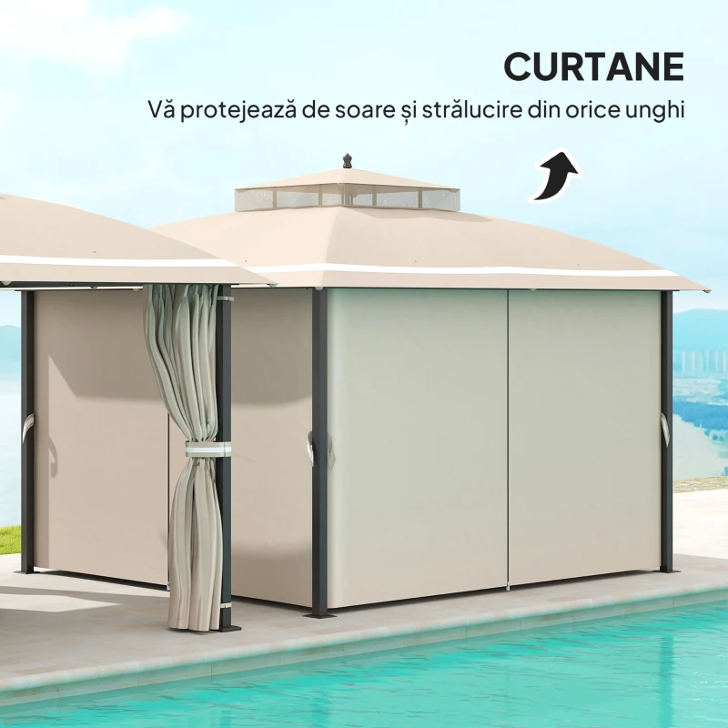 Outsunny Pavilion de grădină 3.7 x 3 m cu plasă de țânțari, perdele laterale și acoperiș dublu, bej
