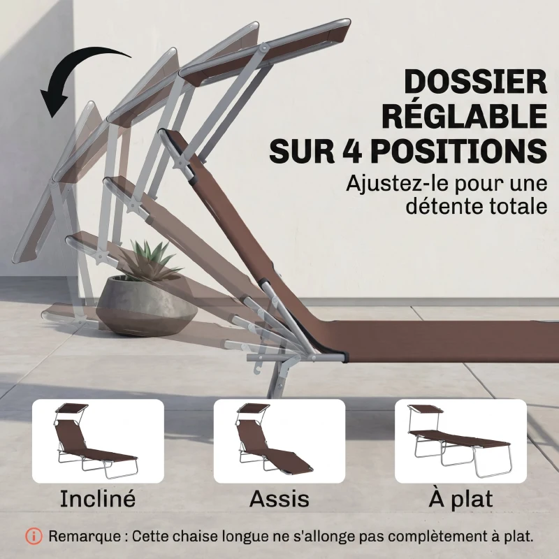 Outsunny Transat Bain de Soleil Pliable Dossier Inclinable Multi-positions et Pare-Soleil réglable 187x58x36cm marron