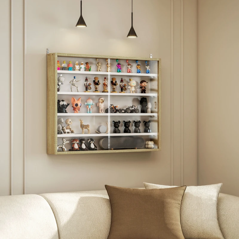 HOMCOM 5-Tier Wall Display Shelf Unit Cabinet w/ 4 Adjustable Shelves Glass Doors Home Office Ornaments 60x80cm Natural