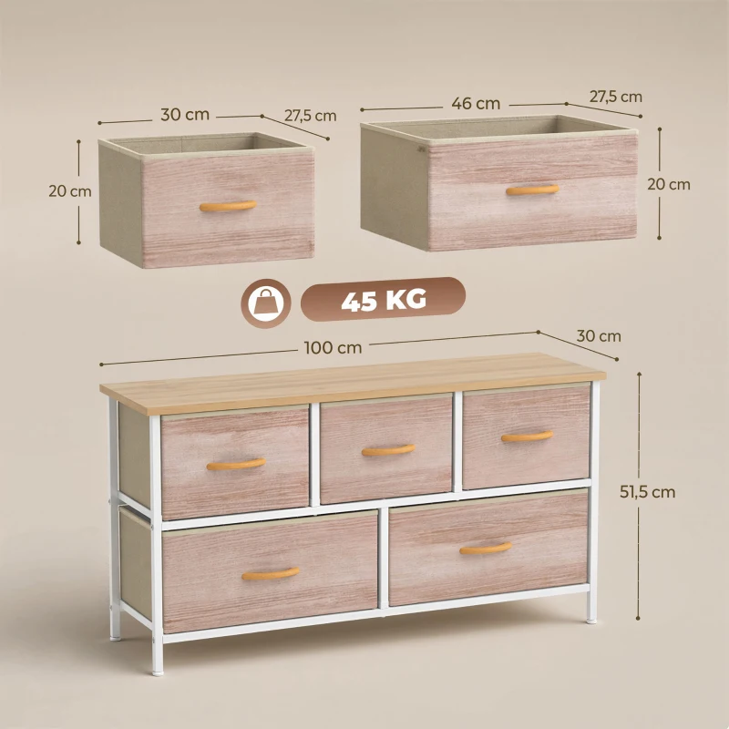 HOMCOM Kommode mit 5 Schubladen, Stoffkommode mit Metallrahmen und Holzoberfläche, Naturholz und Weiß