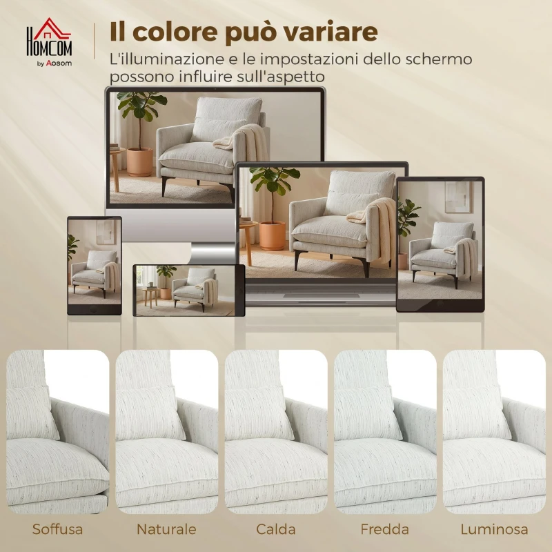 HOMCOM Poltrona da Salotto Imbottita in Tessuto Effetto Lino con Cuscino Lombare, Bianco