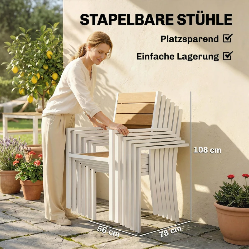 Outsunny Gartenmöbel Set Sitzgruppe 7-teilig Tisch mit 6 stapelbare Stühlen Holzoptik Aluminiumrahmen Teak