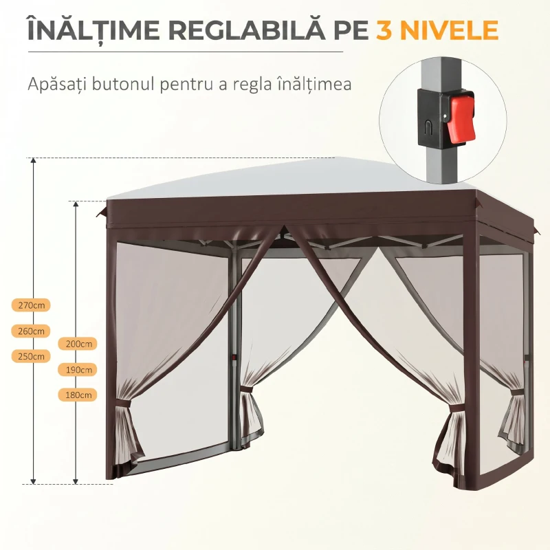 Outsunny Pavilion pliabil 3 x 3 (m) cu plase si geanta de transport cu rotile, cort de evenimente cu inaltime reglabila, cort de gradina, curte, bej