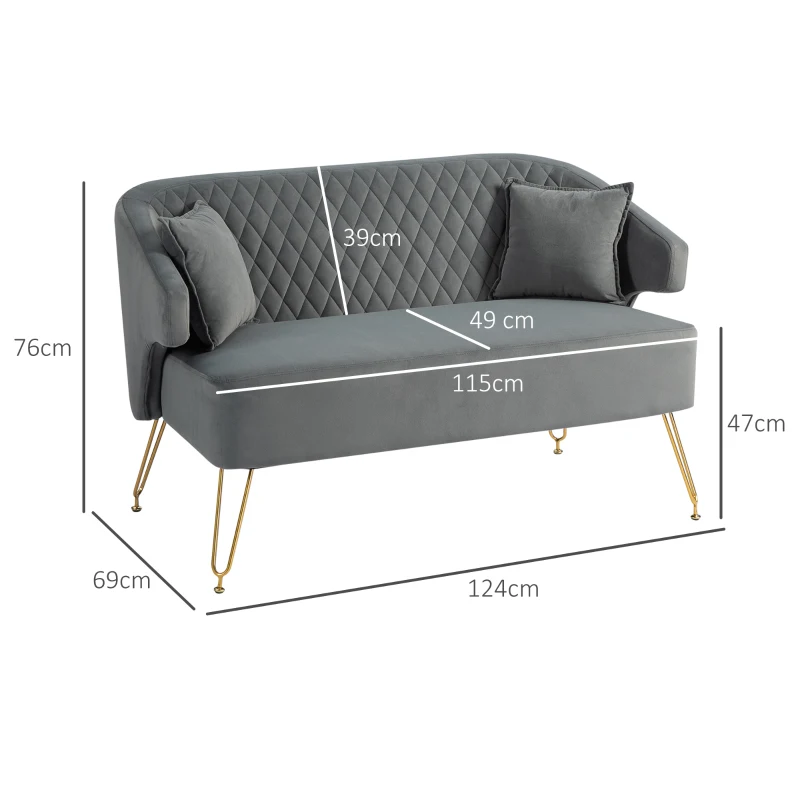 HOMCOM Sofá de 2 Plazas Tapizado en Terciopelo con 2 Almohadas Reposabrazos y Patas de Acero Carga 240 kg 124x69x76 cm Gris