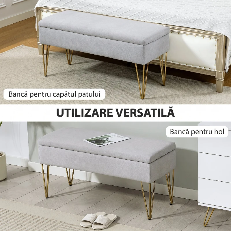HOMCOM Bancă pentru capătul patului cu spațiu de depozitare, din material textil și picioare din oțel, 100x40x49 cm, gri deschis
