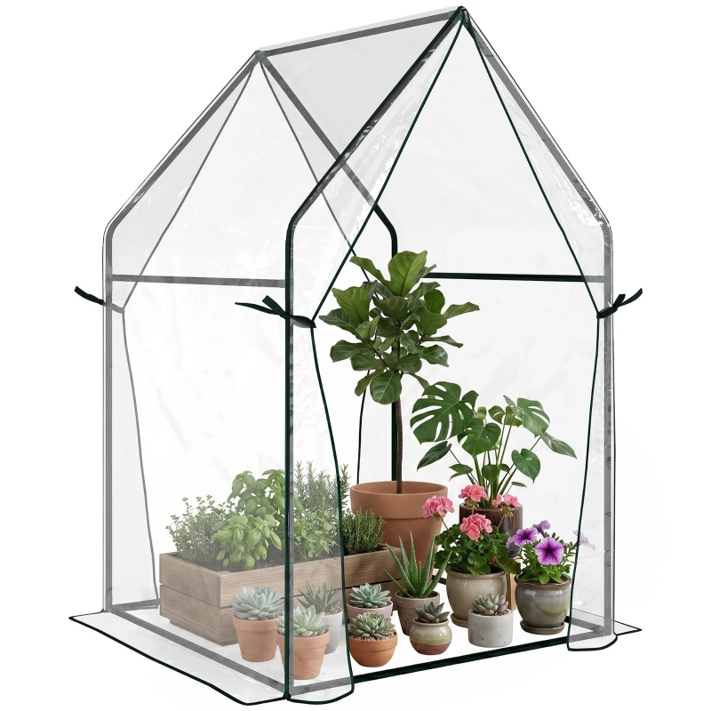 Outsunny Mini Greenhouse, Garden Tomato Growhouse with 2 Zipped Doors, Portable Indoor Outdoor Green House, 90 x 90 x 145cm, Clear