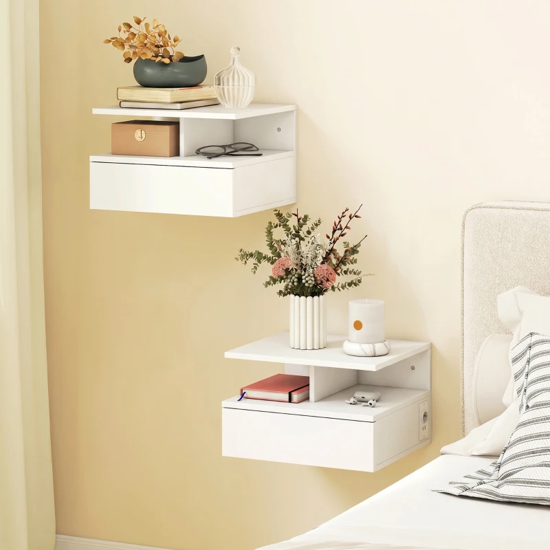 HOMCOM Set 2 Comodini Sospesi con Stazione di Ricarica, Cassetto e Ripiano Aperto, in Legno, 40x35x30 cm, Bianco