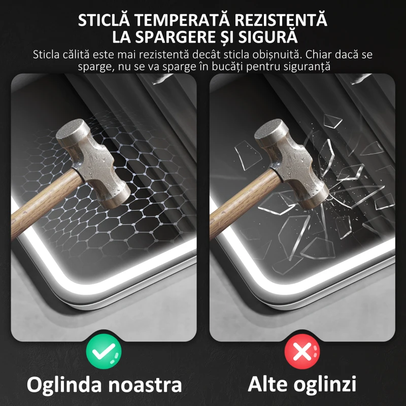HOMCOM Oglindă de baie LED cu Bluetooth, iluminare reglabilă și funcție de memorie, din sticlă securizată, 70x50x3,5 cm