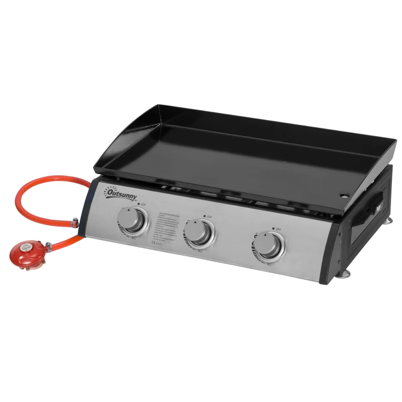 Outsunny Gas Plancha Barbecue Grill with 3 Stainless Steel Burner, 7.5kW, Portable Tabletop Gas BBQ with Non-Stick Griddle for Camping Picnic Garden Party Festival