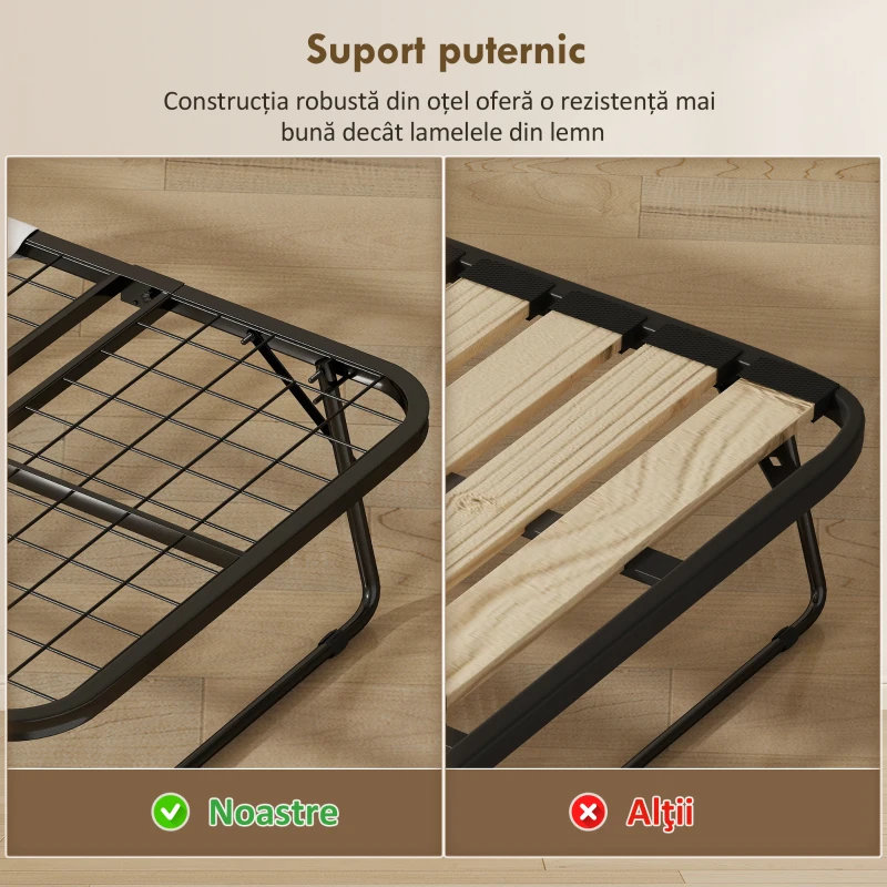 HOMCOM Pat pliabil single 90x200 cm cu saltea groasă de 10 cm, cadru metalic și roți cu frână, negru