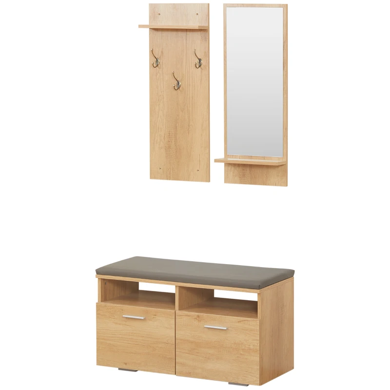 HOMCOM Ensemble de meuble d'entrée vestiaire d'entrée, 1 miroir avec étagère, 1 porte-manteau avec étagère, 1 banc à chaussures