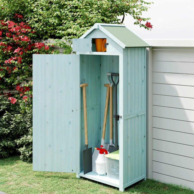 Outsunny Garden Shed Vertical Utility 3 Shelves Shed Wood Outdoor Garden Tool Storage Unit Storage Cabinet, 77 x 54.2 x 179cm - Blue
