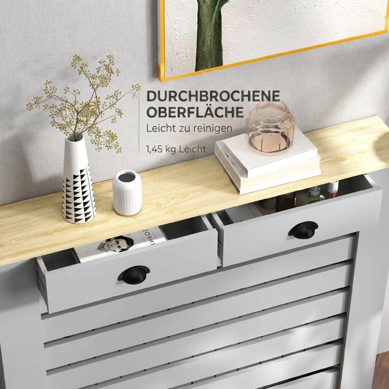 Acoperiș HOMCOM pentru Calorifer din MDF cu Grilaj și 2 Sertare, 111x19x95.5 cm, Gri