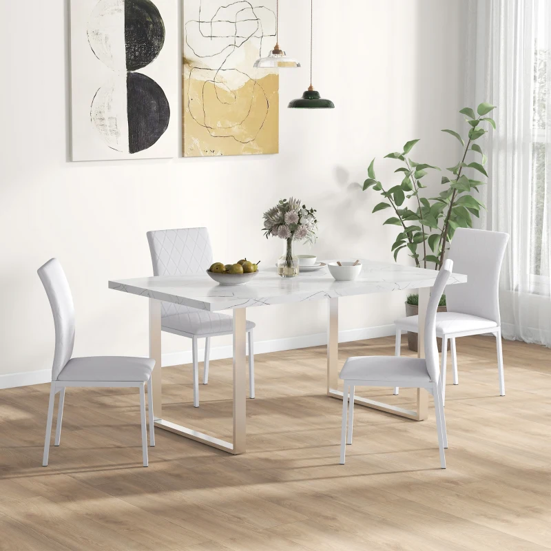 HOMCOM Esszimmerstühle im 4er-Set, Küchenstuhl mit Rückenlehne, Kunstleder, Wohnzimmerstuhl mit Fußpolster, Stühle, Polsterstuhl mit Metallbeinen für Esstisch, Weiß