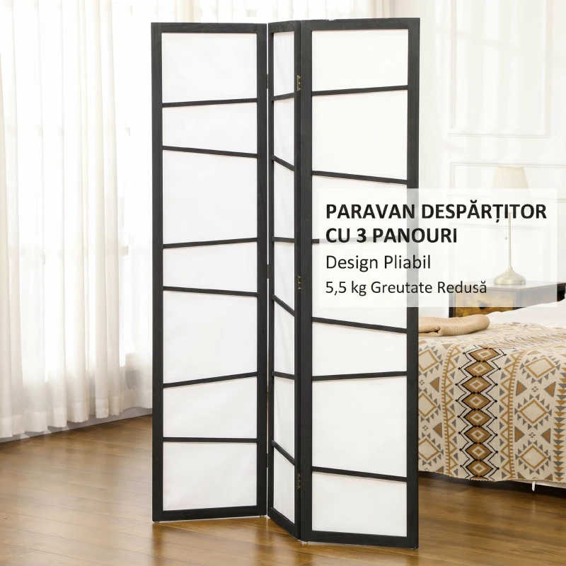 HOMCOM Paravan pliabil cu 3 panouri, din lemn, 120x170 cm, negru și alb