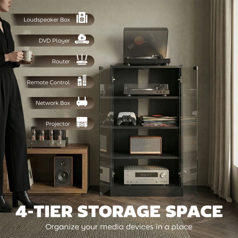 HOMCOM 4-Tier Hi-Fi Stand,  Record Player Stand with Adjustable Shelves and Push-to-Open Glass Doors, Black Wood-Effect
