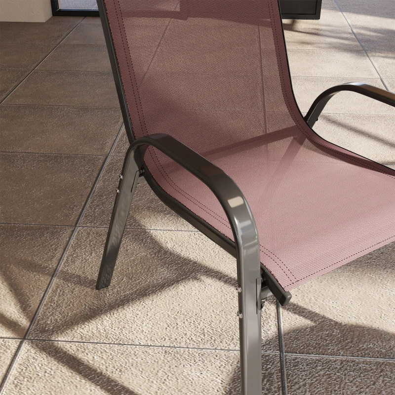Outsunny Set 4 Sedie da Giardino Impilabili con Braccioli Curvi, in Acciaio e Tessuto Traspirante, 54x71x93 cm, Marrone