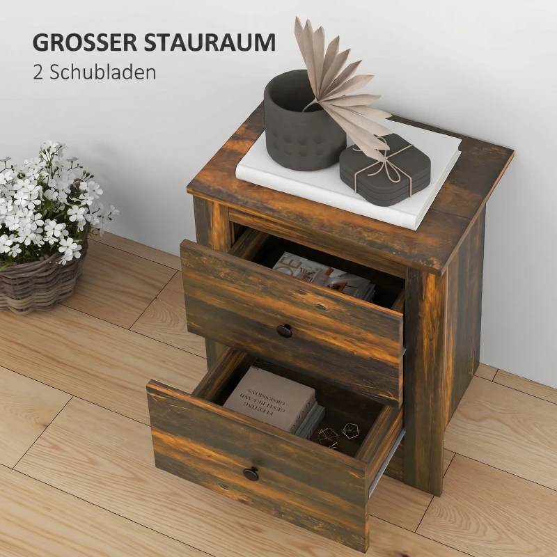 HOMCOM Noptieră cu 2 sertare în stil rustic din lemn, 40x30x56 cm, maro