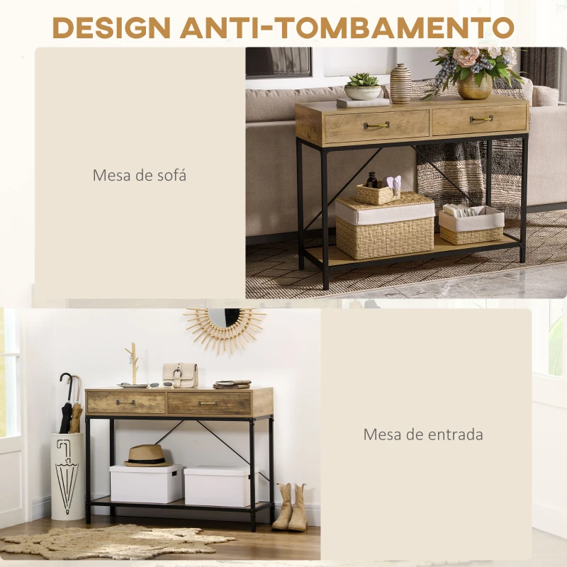 HOMCOM Mesa Consola Industrial Mesa de Sofá com 2 Gavetas e Prateleira para Entrada com Pés de Metal Castanho e Preto