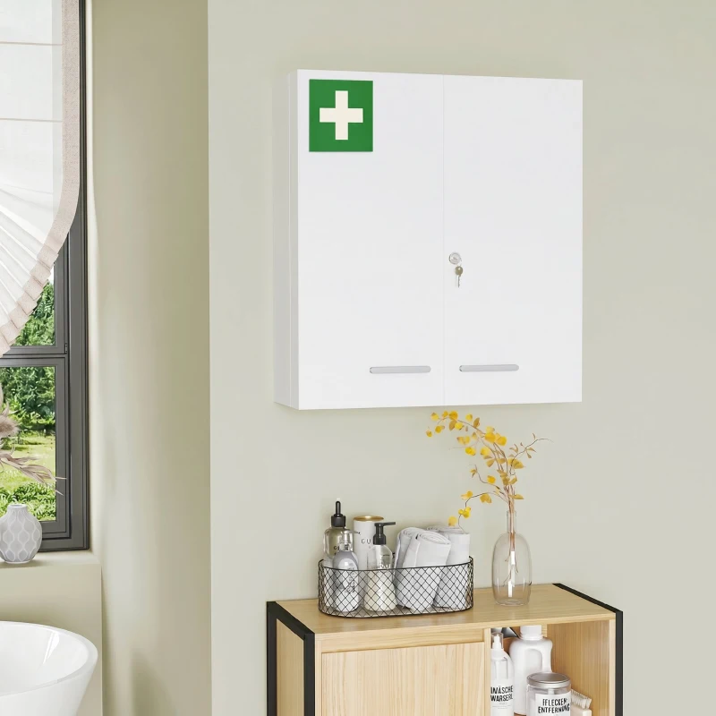 kleankin Dulap pentru medicamente cu 6 rafturi, cu încuietoare și 2 chei, din oțel, 55x18x60 cm, alb