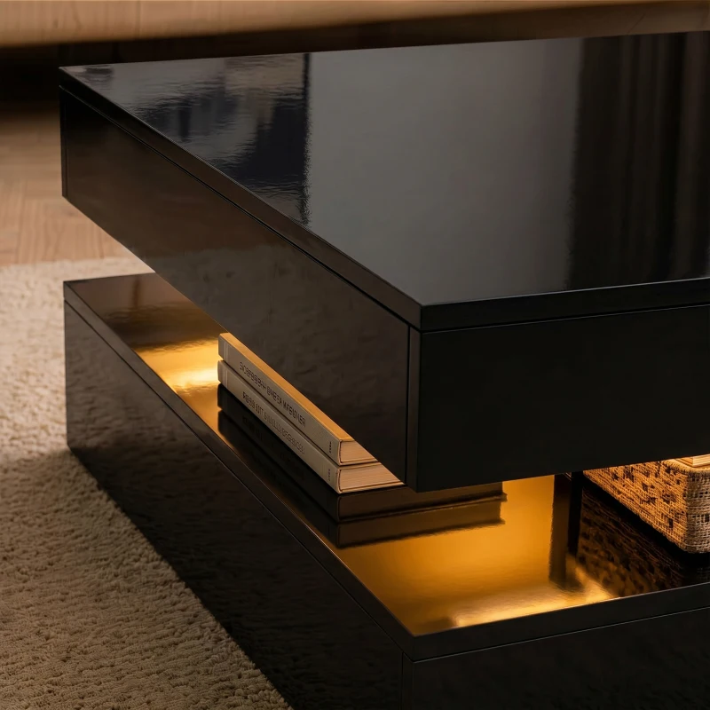 HOMCOM LED Coffee Table with Storage, 2-Tier Modern Centre Table with Open Shelf and Remote for Living Room, High Gloss Black