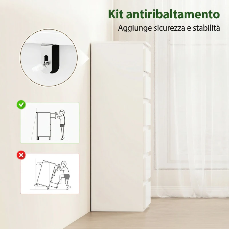 HOMCOM Comò Slim, 6 Cassetti Finitura Lucida, Camera da Letto, Bianco