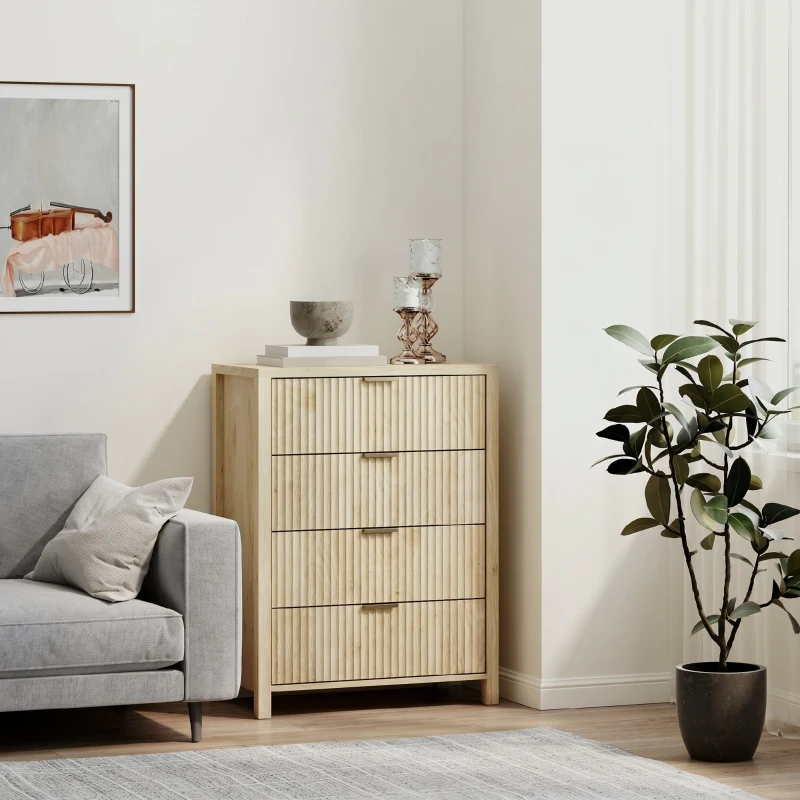 HOMCOM Comodă cu 4 sertare scanalate și mânere aurii, 70x38x93 cm, lemn natural