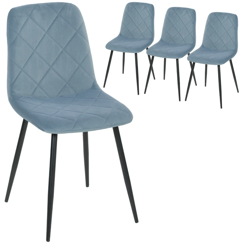 HOMCOM Set 4 Scaune pentru Bucătărie Tapițate, din Material Textil cu Aspect Catifea și Oțel, 45x54x87 cm, Albastru