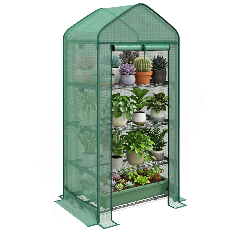 Outsunny Seră pentru Plante cu 4 Rafturi și Ușă Rulabilă, din Metal și PE, 69x49x158 cm, Verde Închis